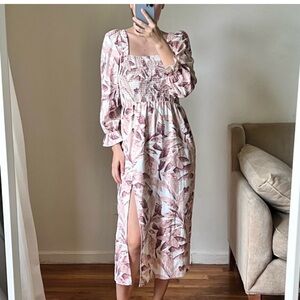 House of Harlow 1960 palm linen puff sleeve midi dress